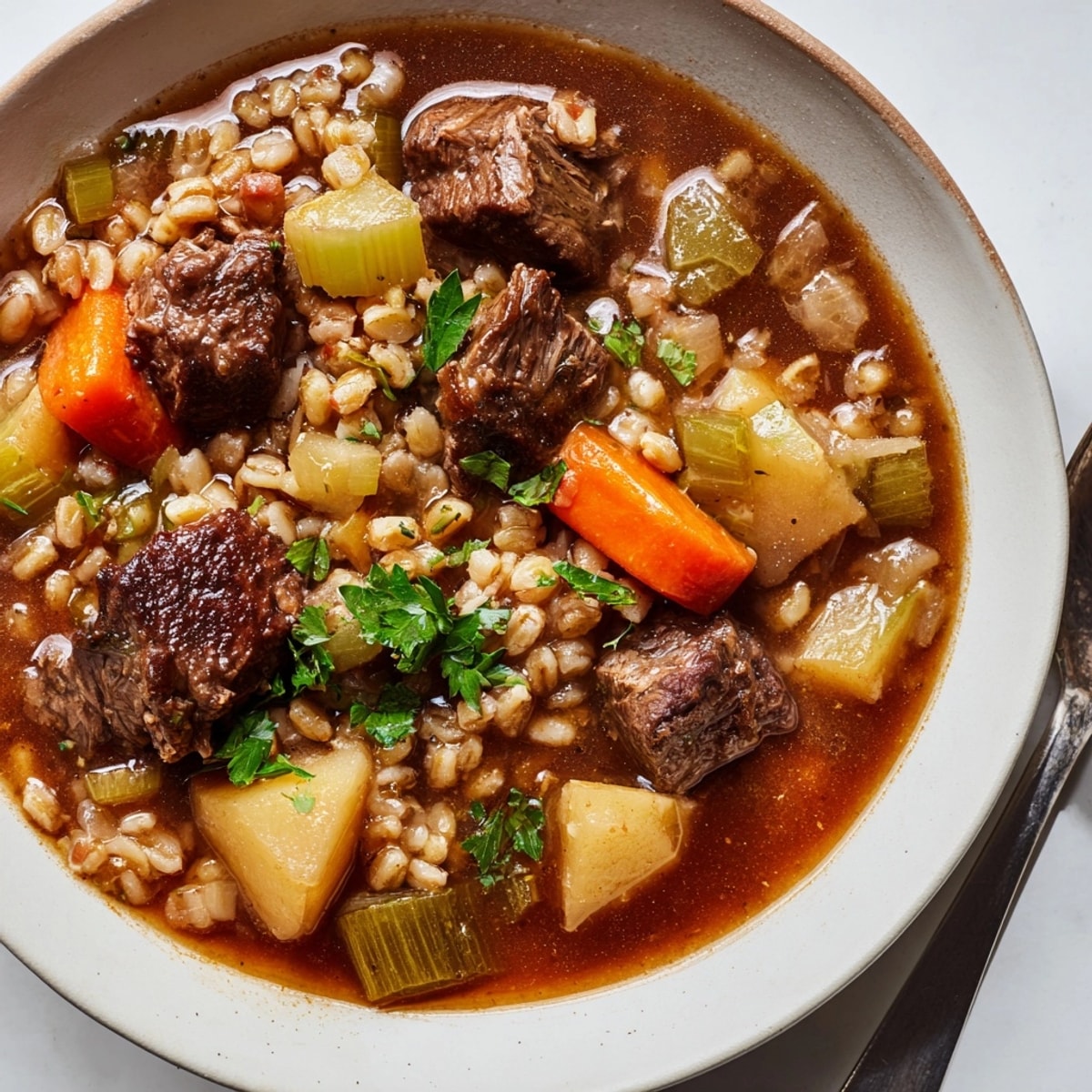 A steaming bowl of homemade Beef and Barley Stew with colorful root vegetables.