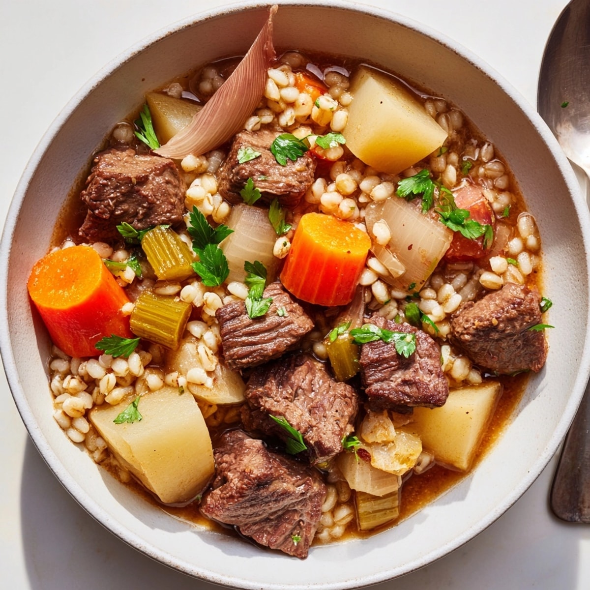 Close-up of rich Beef and Barley Stew, highlighting tender beef and plump barley kernels.