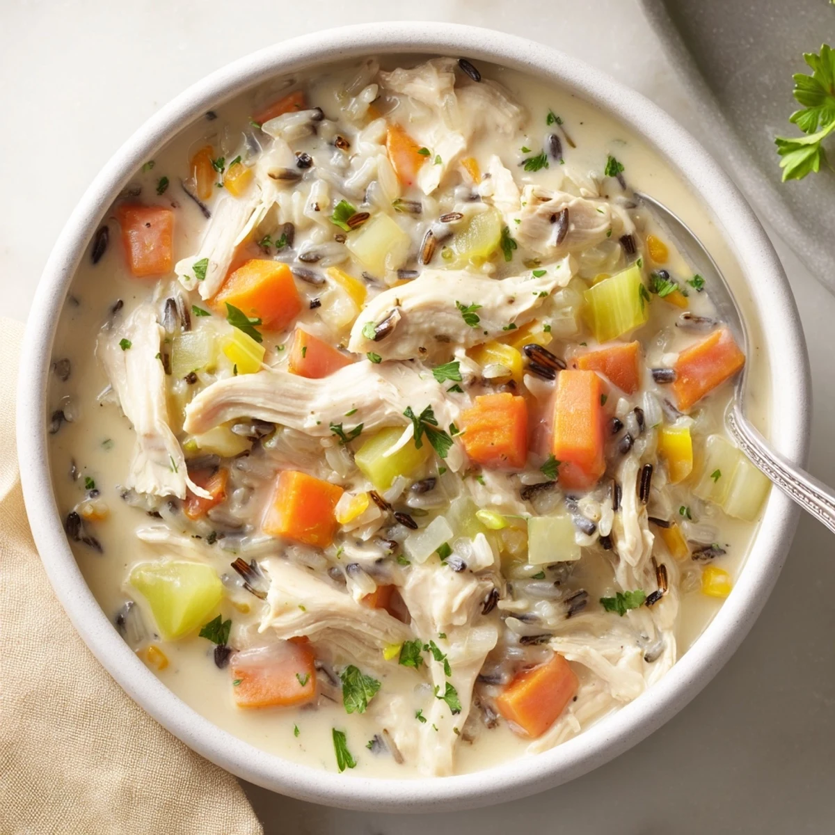 Creamy chicken and wild rice soup served with crusty bread on a rustic table.  