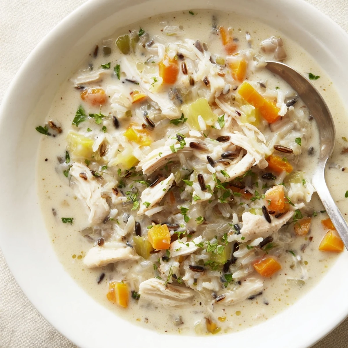 A bowl of creamy chicken and wild rice soup garnished with fresh parsley.  