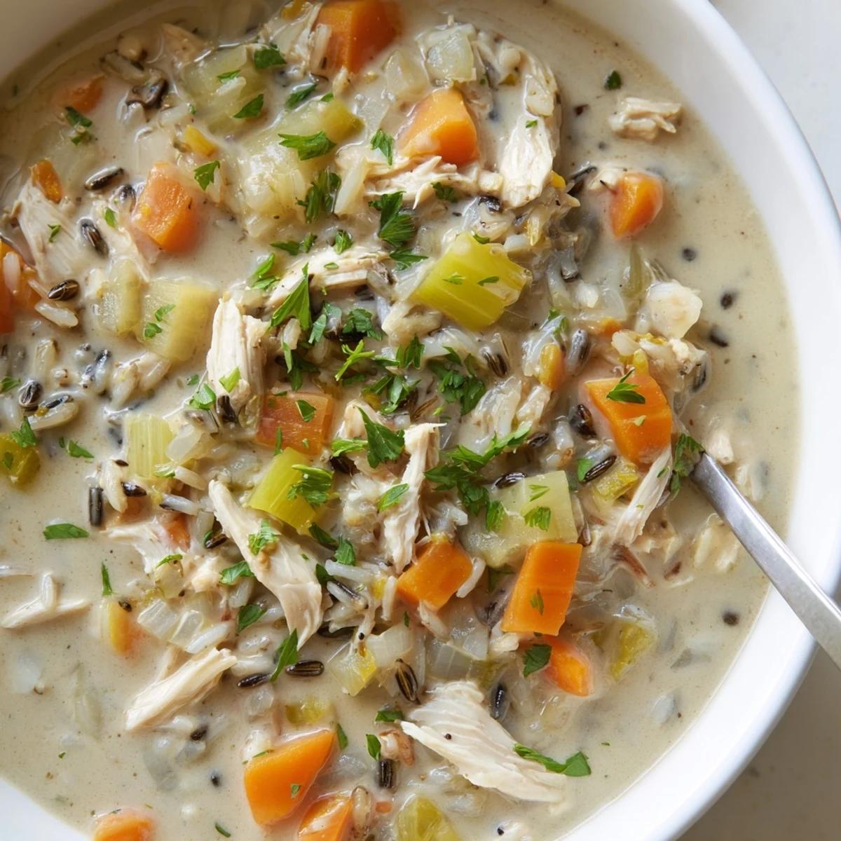 Steaming creamy chicken and wild rice soup with vibrant vegetables in a hearty broth.