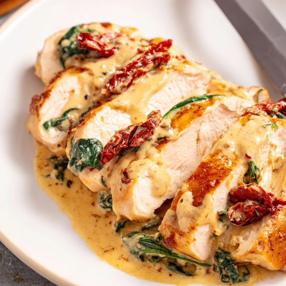 Succulent Creamy Tuscan Garlic Chicken served in a rich garlic sauce with spinach.  