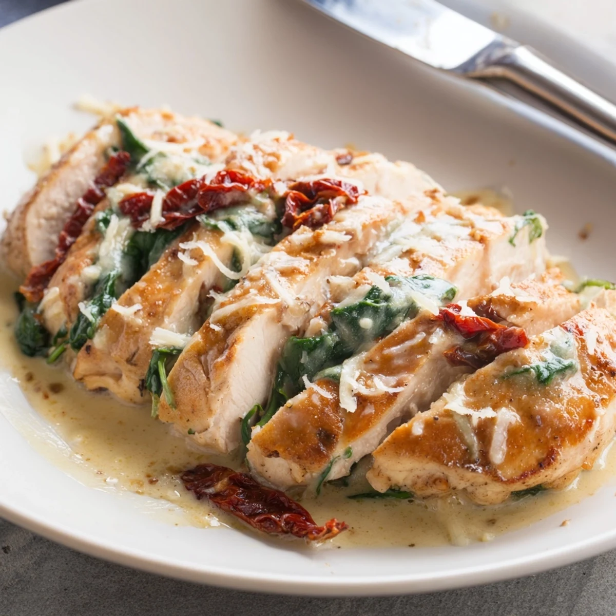 Tender chicken breasts topped with sun-dried tomatoes in creamy Tuscan garlic sauce.  