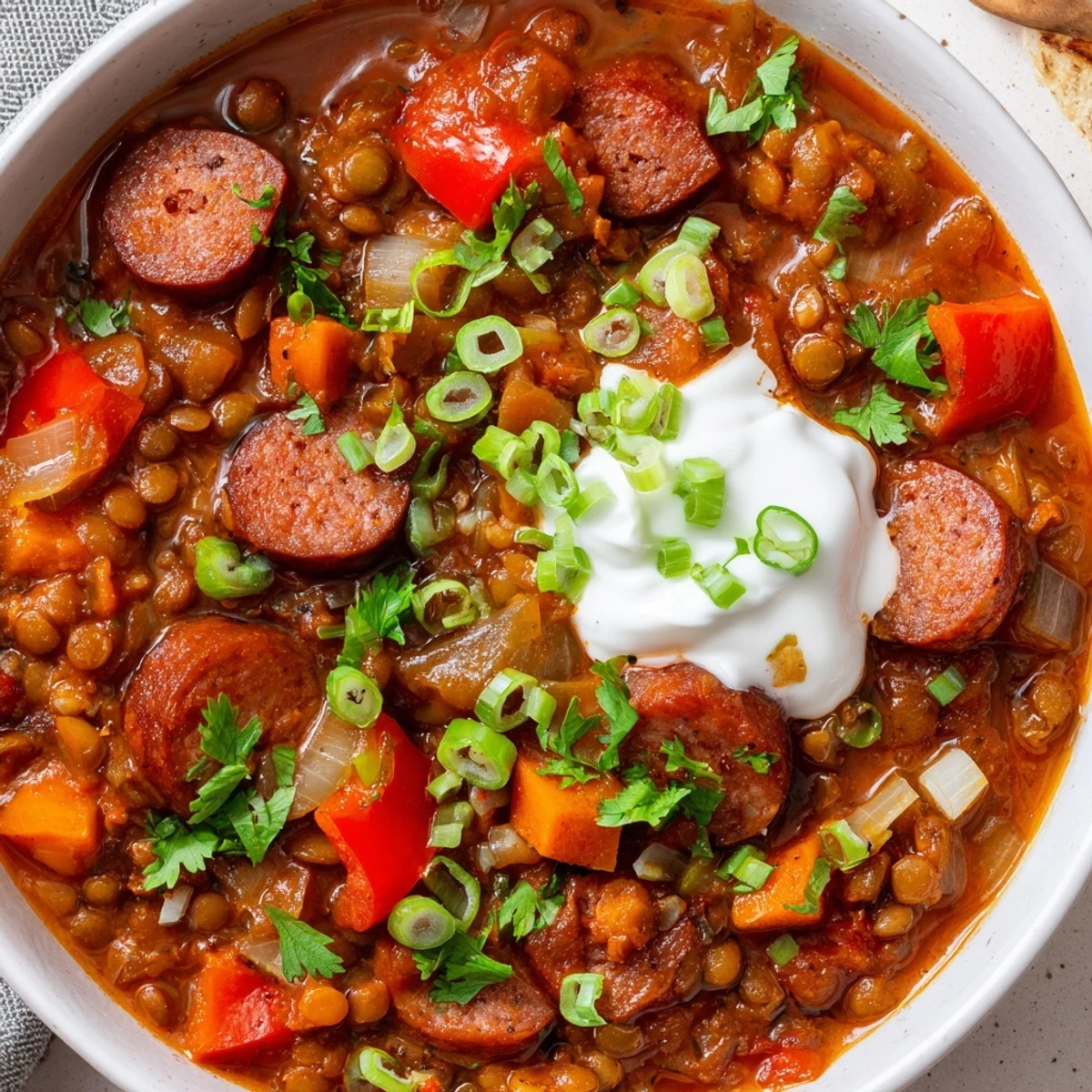 A steaming bowl of Spicy Lentil and Sausage Chili topped with fresh cilantro.  