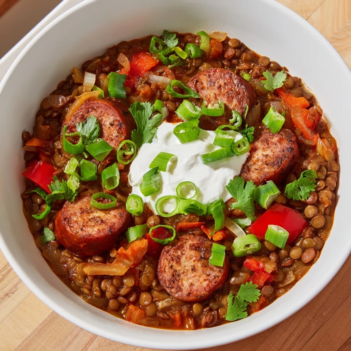 Hearty Spicy Lentil and Sausage Chili served with crusty bread on a rustic table.  