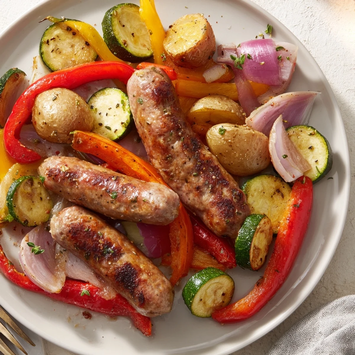 A colorful sheet pan sausage and roasted vegetables dish, perfect for weeknight dinners.  