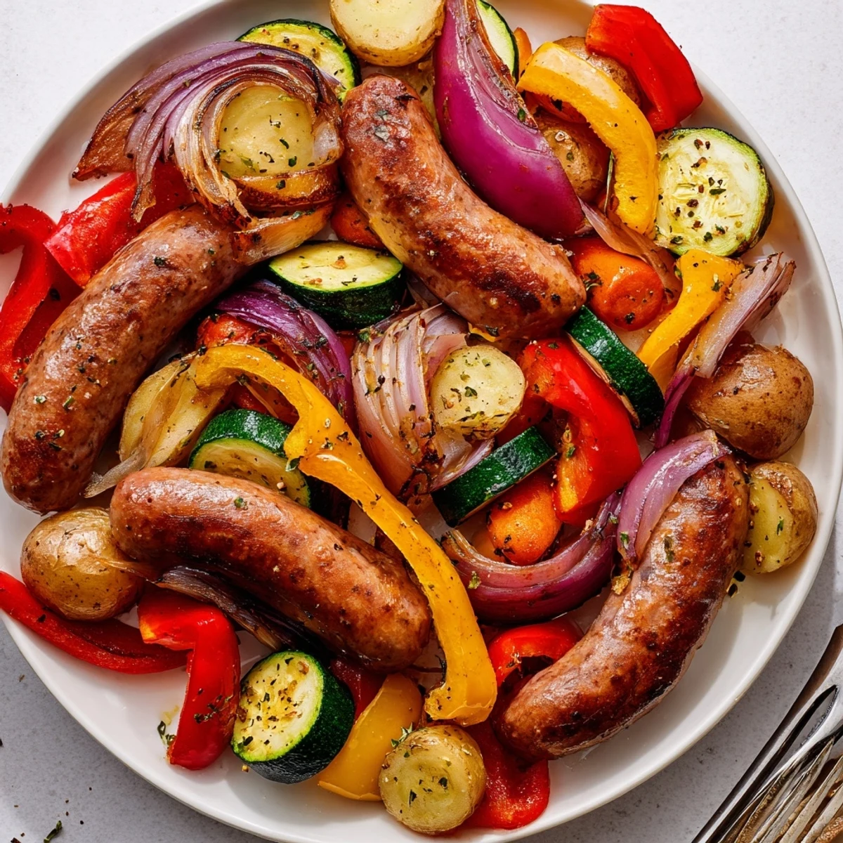 Hearty sheet pan sausage and roasted vegetables for a quick and flavorful family meal.