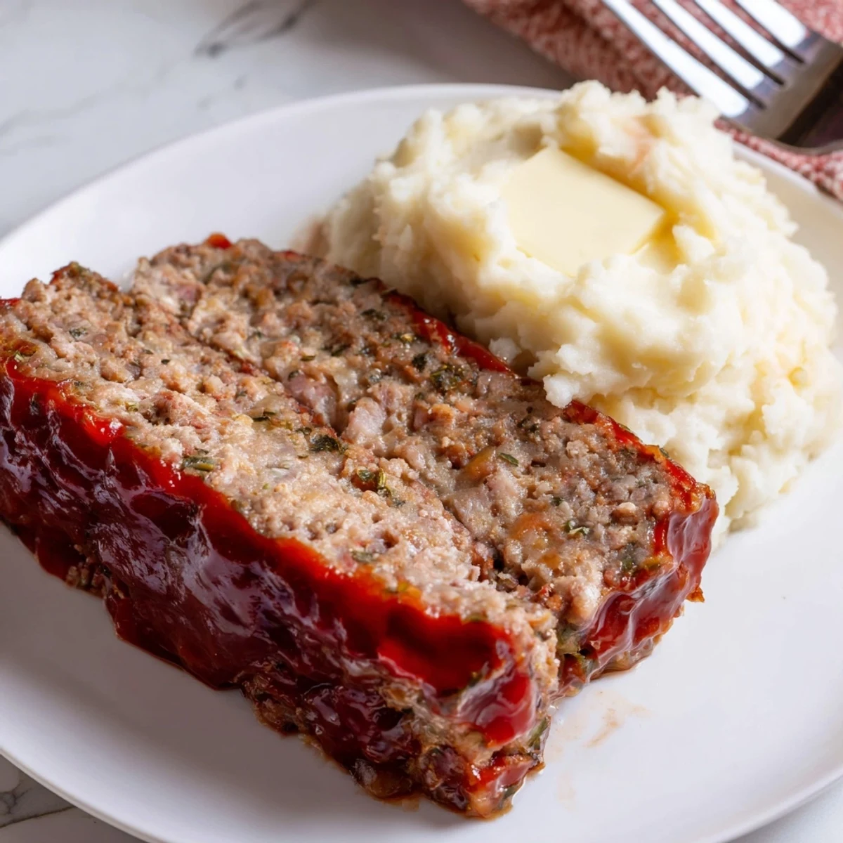 Classic meatloaf with creamy mashed potatoes and tangy topping, perfect family dinner.