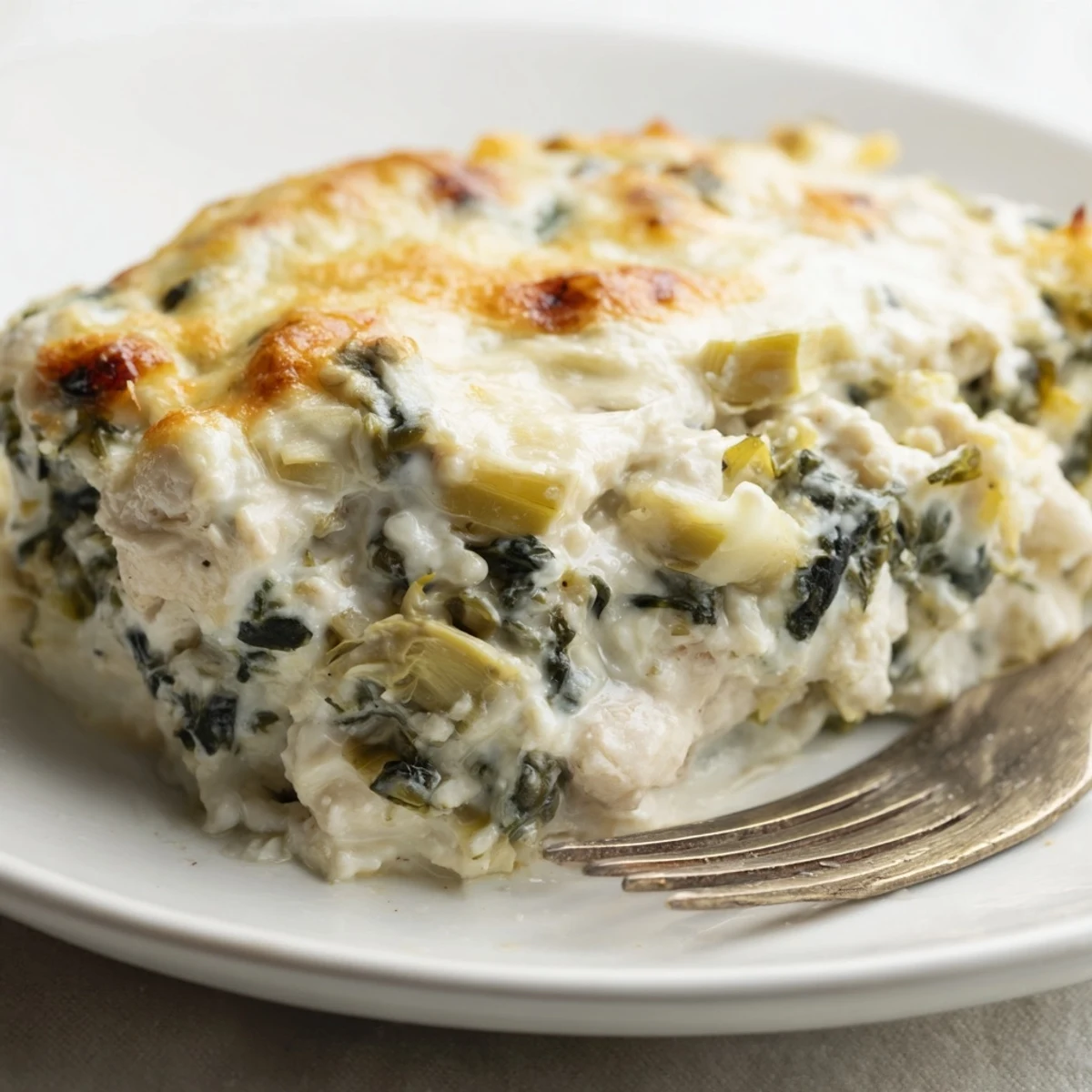 Creamy Cheesy Spinach and Artichoke Bake bubbling with melted cheese and herbs.