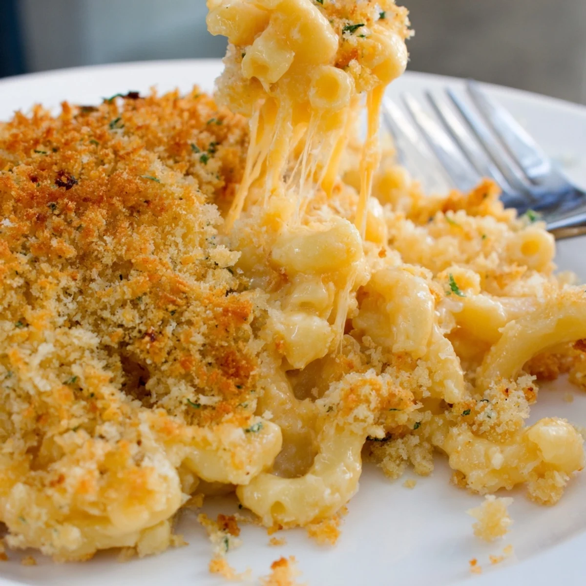 Creamy Baked Macaroni and Cheese with a golden, crispy breadcrumb topping.