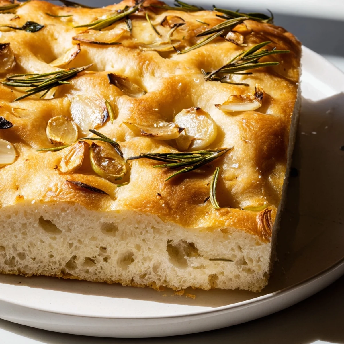 Freshly baked focaccia bread topped with garlic, rosemary, and drizzled olive oil.  