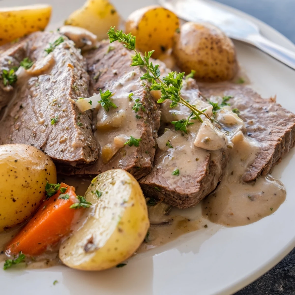 Slow Cooker Creamy Pot Roast with tender beef, fresh veggies, and rich sauce.  