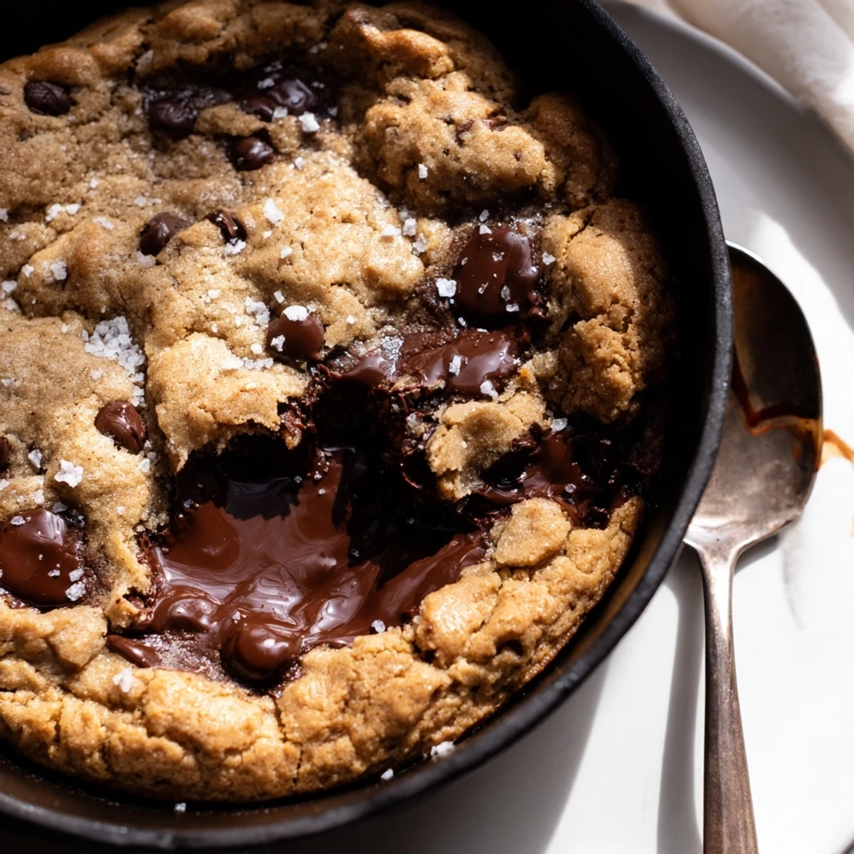 Delicious gooey chocolate chip skillet cookie topped with flaky sea salt and vanilla ice cream.  