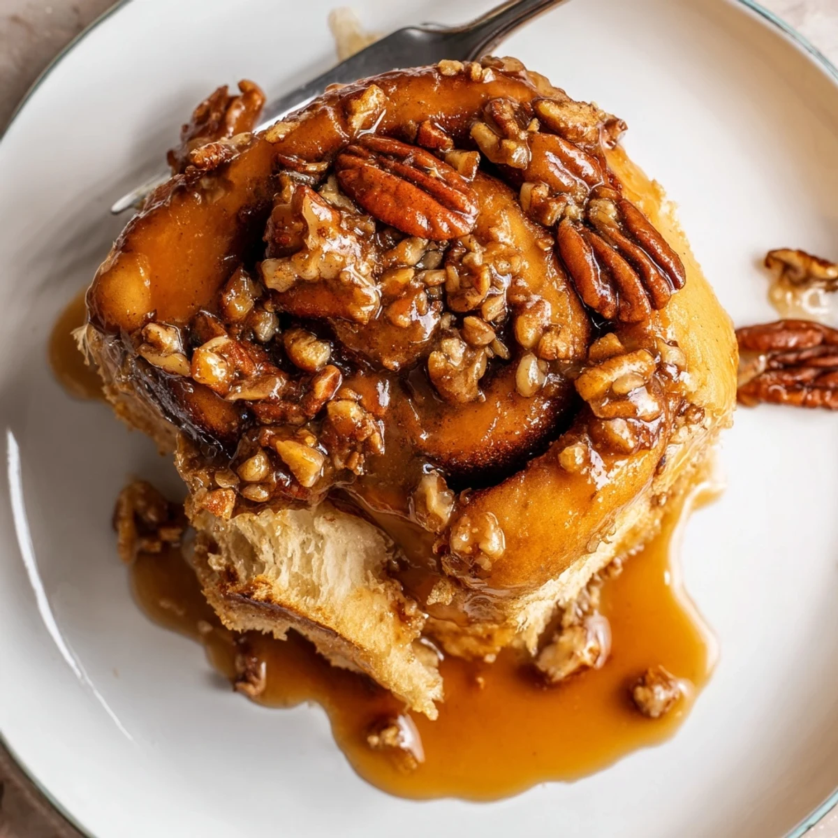 Decadent sticky buns resting in a gooey maple-pecan topping, perfect for brunch.