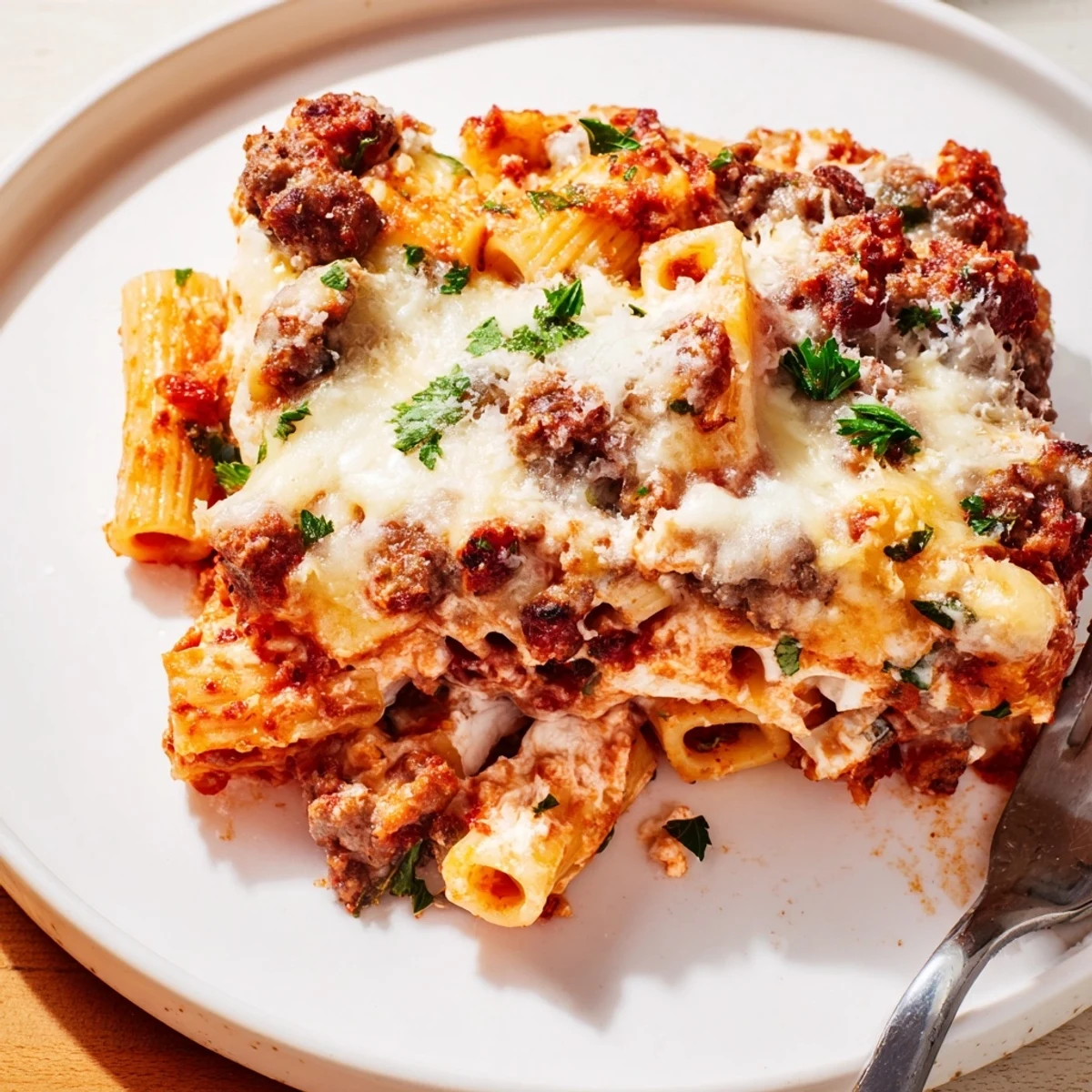 Hearty baked ziti with Italian sausage, bubbling mozzarella, and rich tomato sauce.