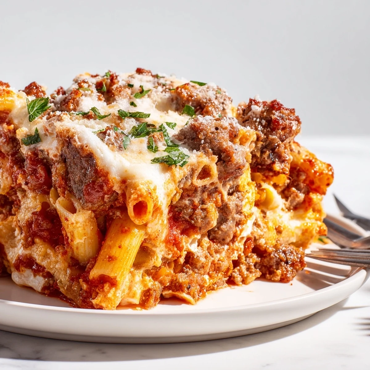 Comforting baked ziti layered with spicy Italian sausage and creamy ricotta cheese.