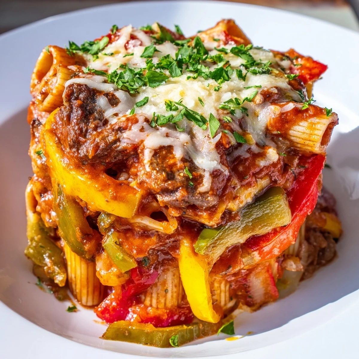 Savory baked Rigatoni with Sausage & Peppers, a comforting Italian-American dish with rich tomato sauce.
