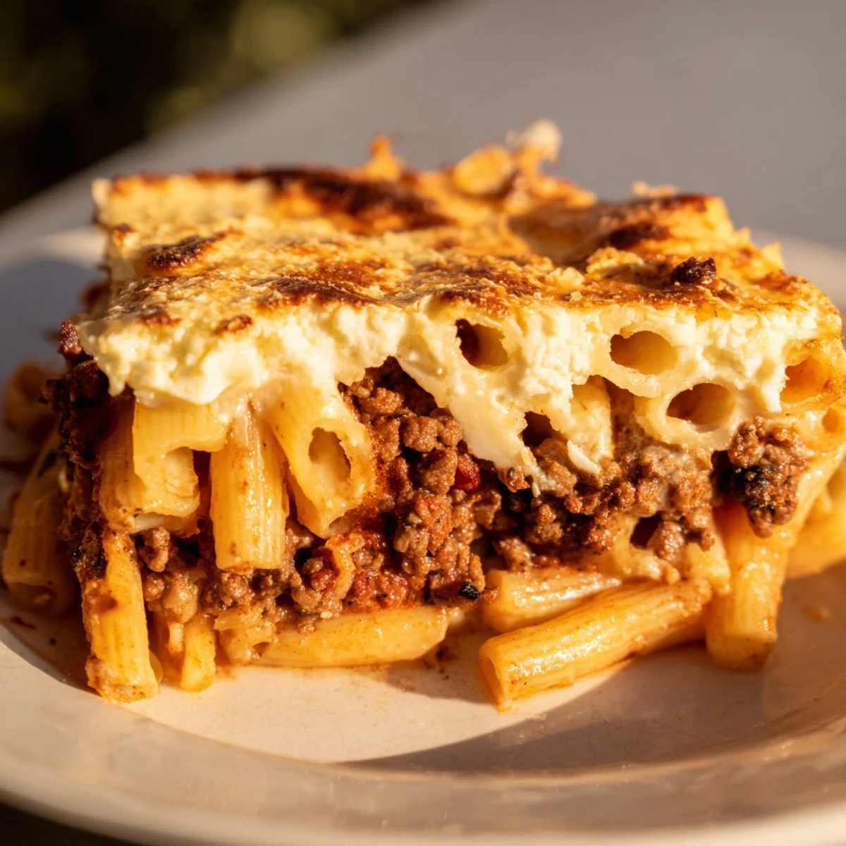 Golden-brown layers of Greek Pastitsio, a hearty baked casserole, fresh from the oven.