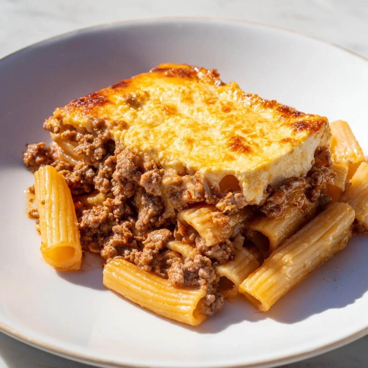 A creamy, decadent bite of Greek Pastitsio: perfectly layered pasta, meat sauce, and béchamel.