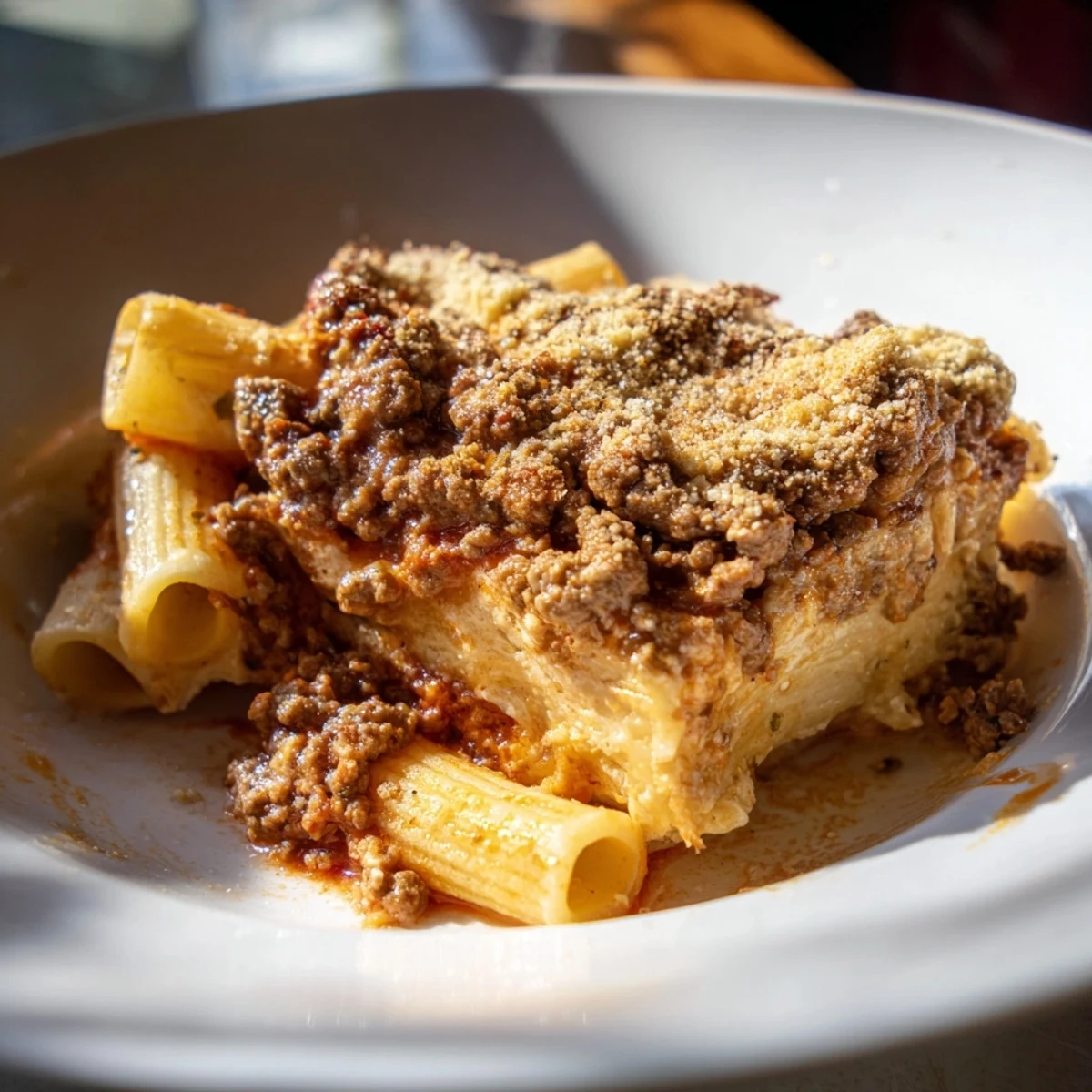 Close-up of a bubbling, cheesy Greek Pastitsio, showcasing rich textures and delicious aromas.