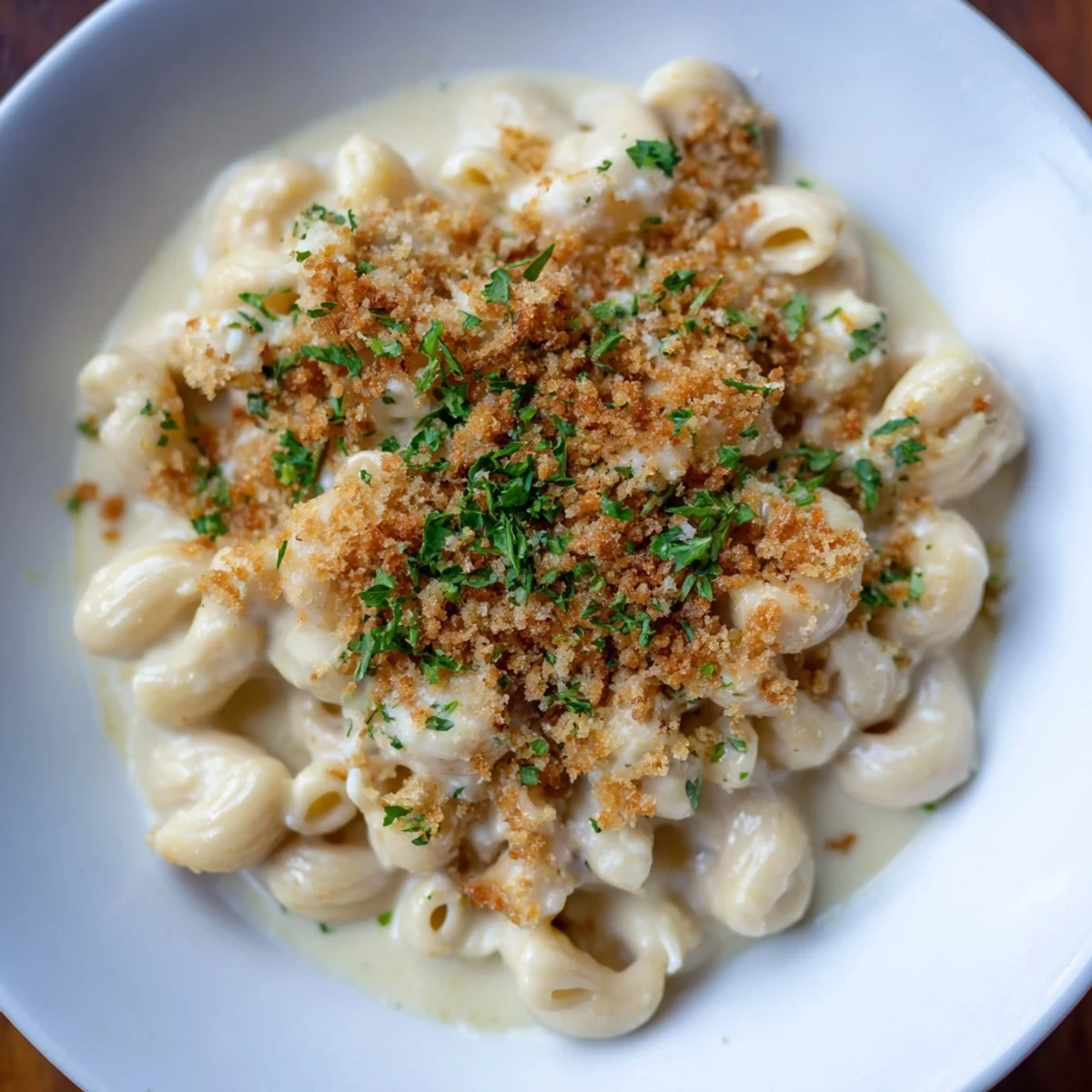 A close-up view of steaming Truffle Macaroni & Cheese, with aromatic truffle oil drizzle and parsley.