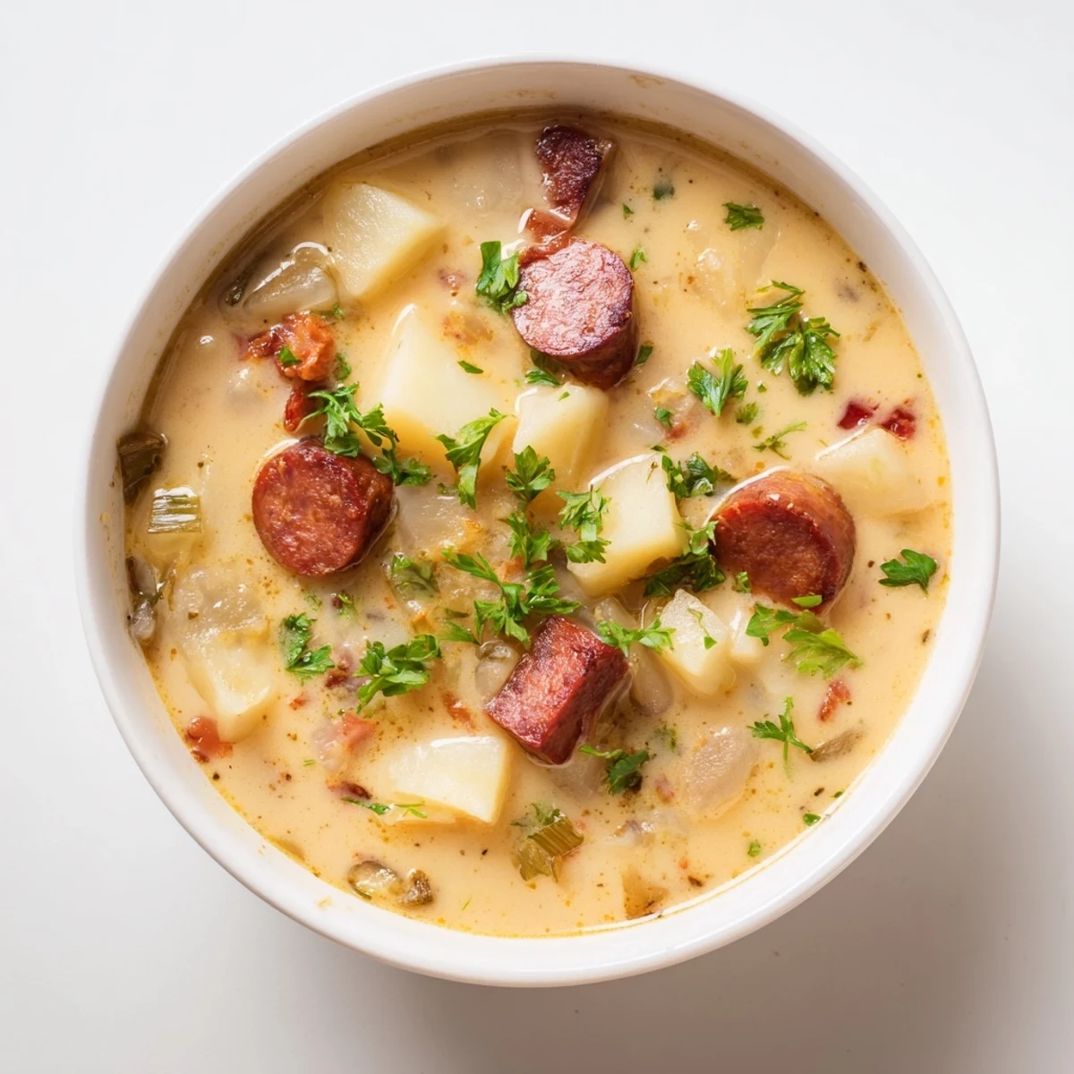 A steaming bowl of comforting Potato, Leek & Chorizo Soup, perfect for a cozy, gluten-free dinner.