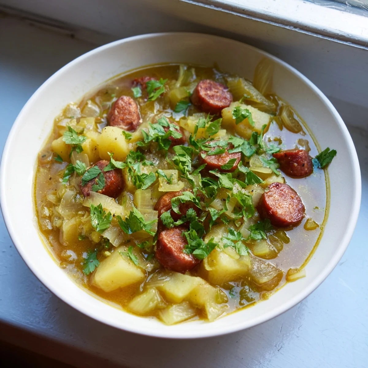 Close-up of a flavorful Potato, Leek & Chorizo Soup, showcasing the ingredients' rich textures and aromas.