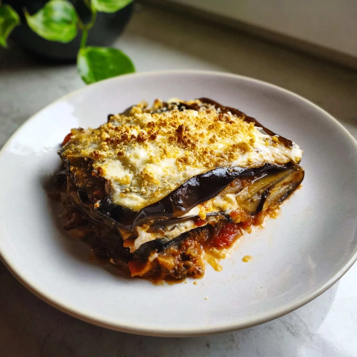 Steam rising from a warm slice of moussaka, a Greek classic bursting with savory flavors.