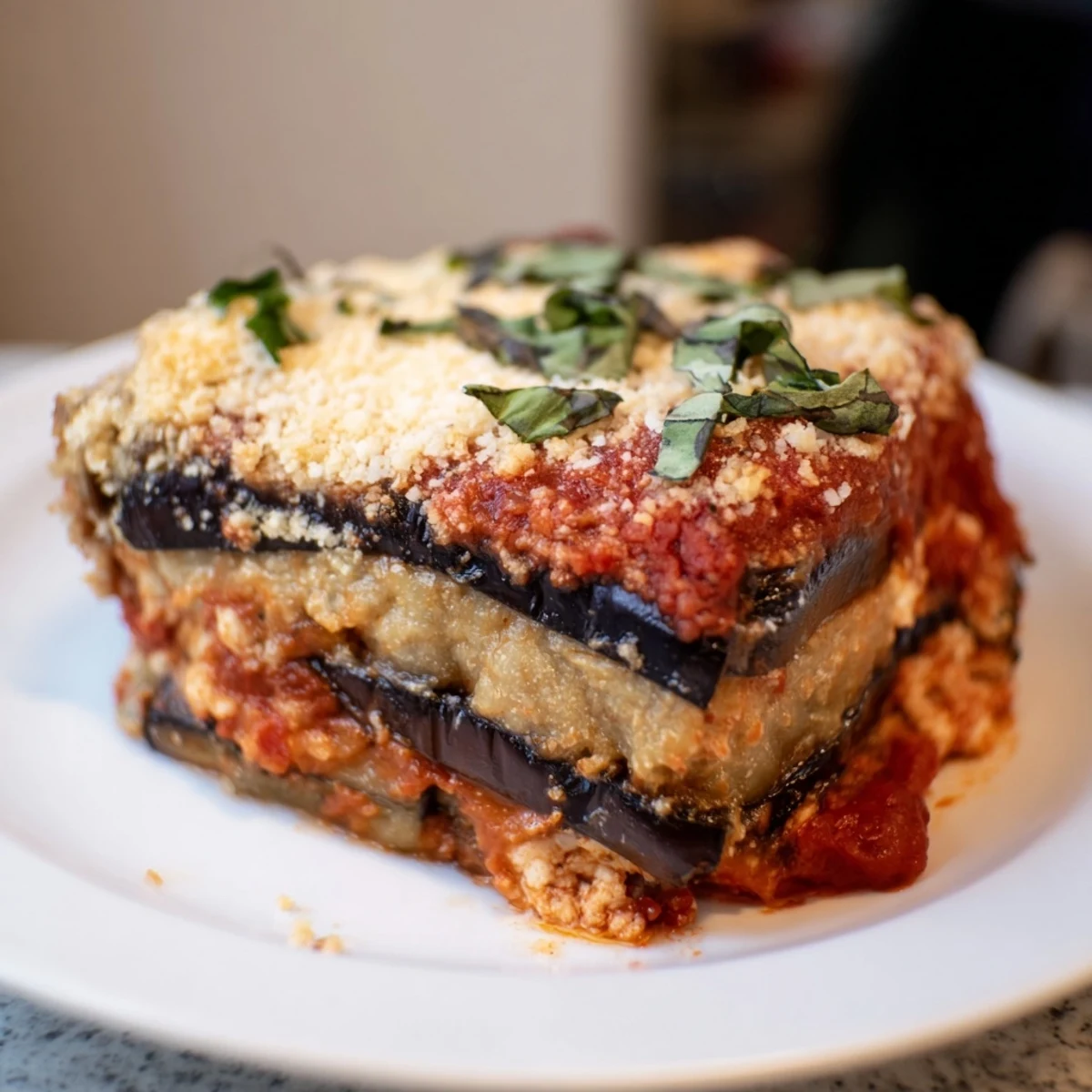 A close-up of Eggplant Parmesan Lasagna shows the layers and melted cheese in a baking dish.