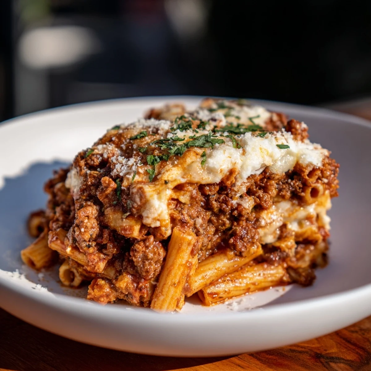 A baked, cheesy pan of savory Baked Ziti with Meat Sauce—ready for a satisfying family dinner.