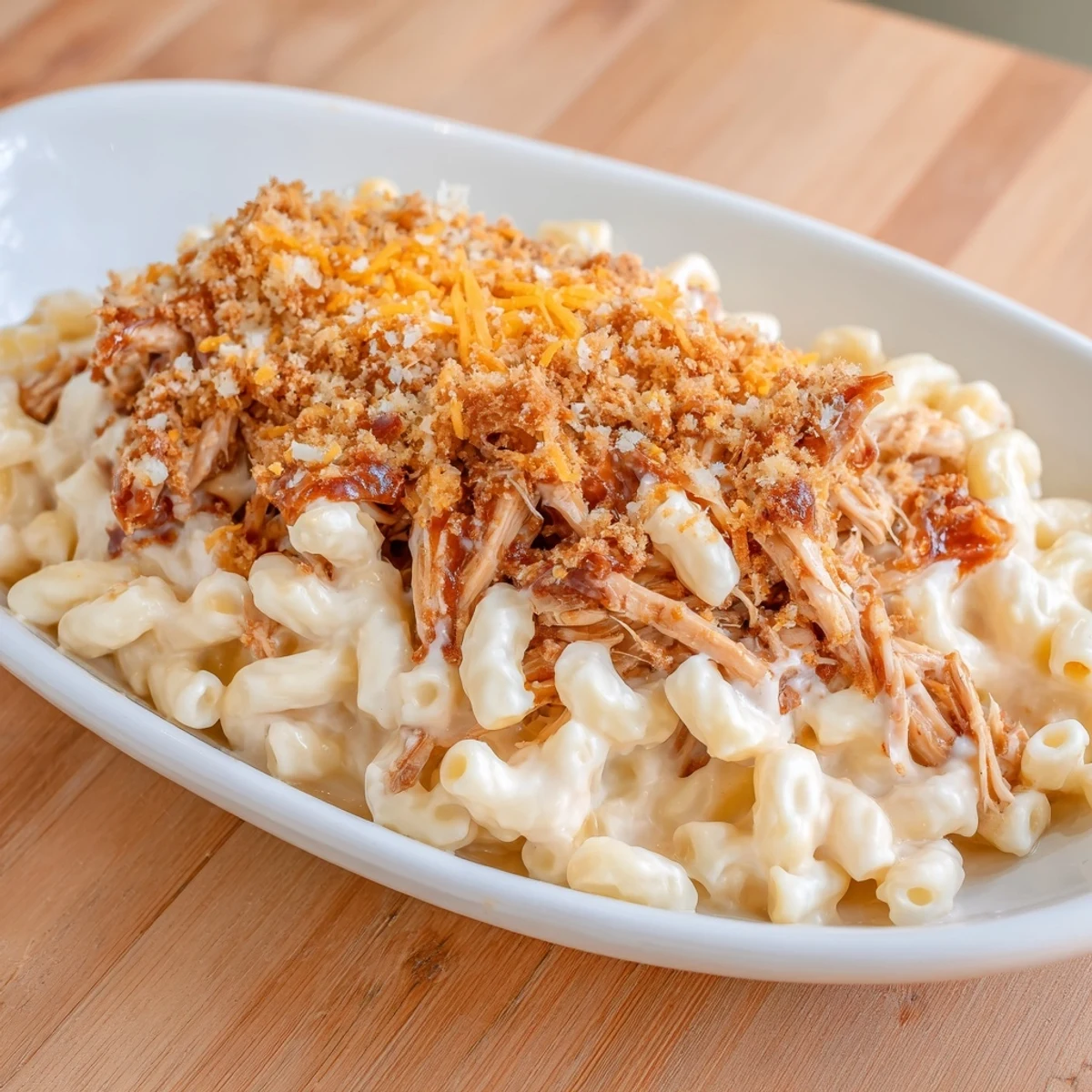 Classic Mac & Cheese with BBQ Chicken: A bubbling casserole, creamy macaroni under smoky barbecue chicken.
