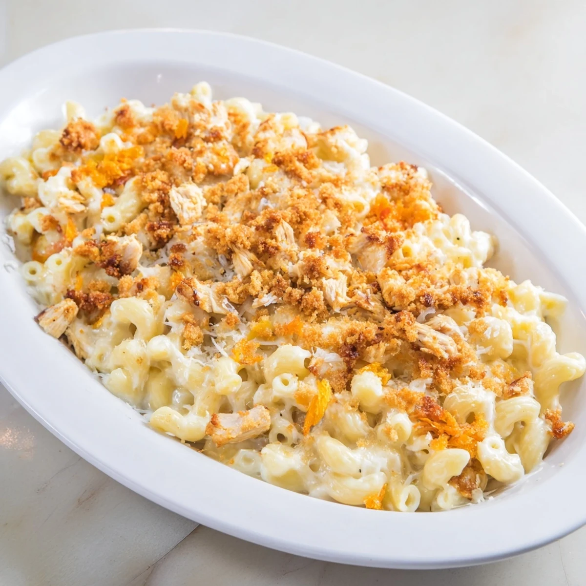 This Classic Mac & Cheese with BBQ Chicken is golden brown, showcasing tender chicken over cheesy pasta.