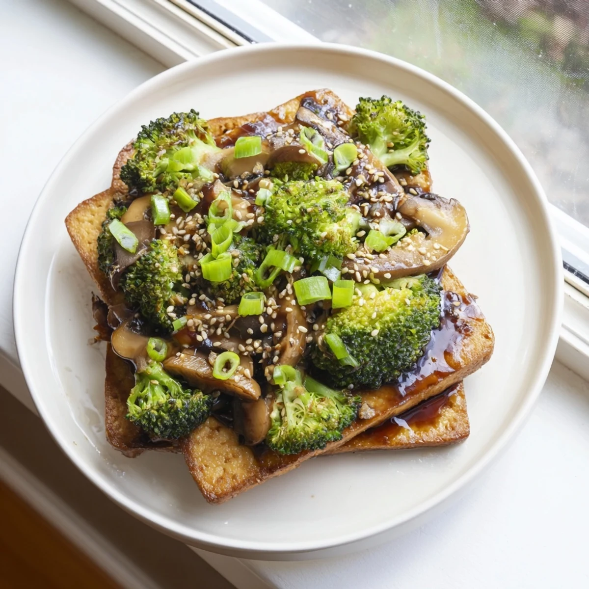 Golden-brown Sautéed Tofu Steaks with vibrant greens and earthy mushrooms, ready to serve and enjoy.