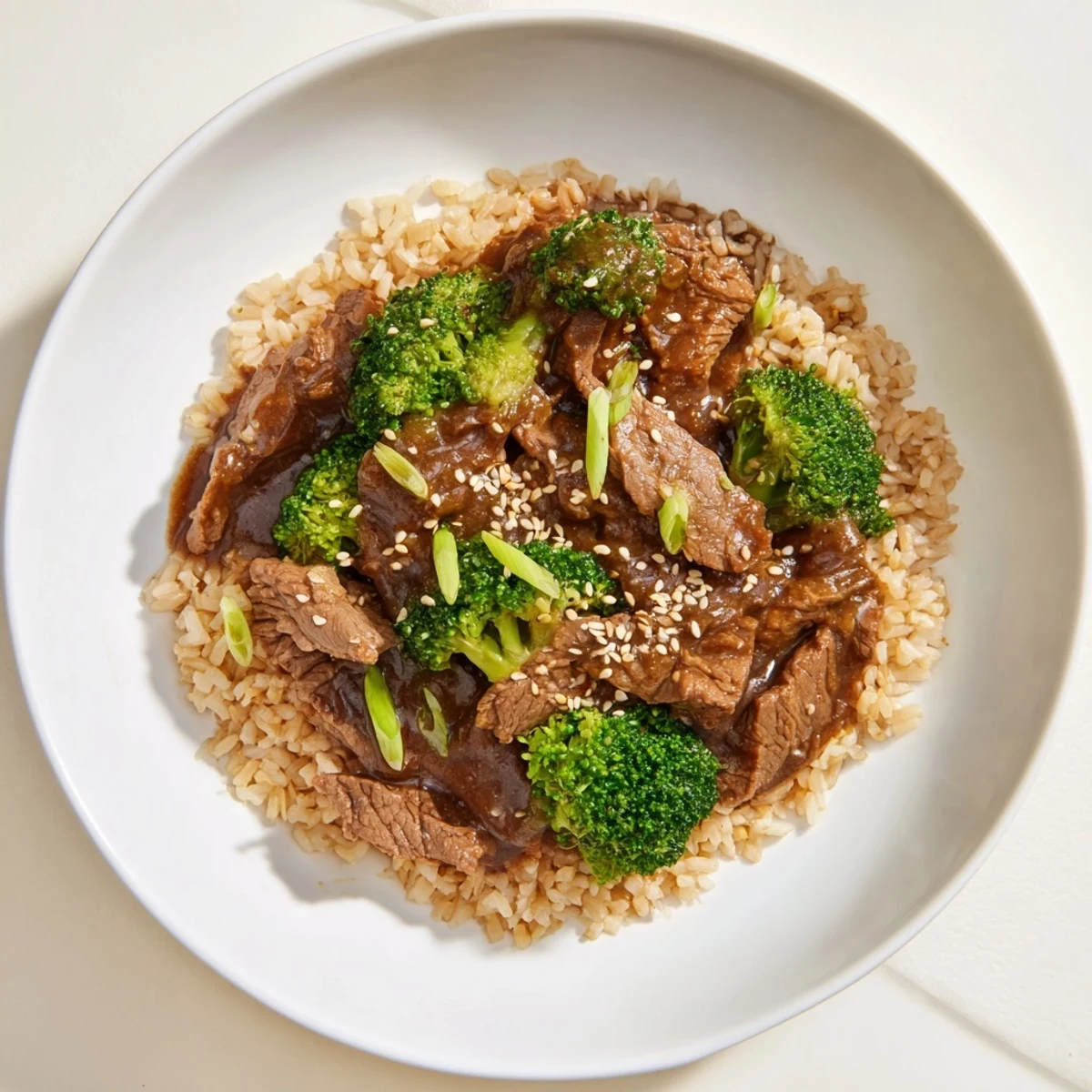 Tender Slow-Cooker Beef & Broccoli: savory beef and broccoli, served atop fluffy brown rice, and garnished with fresh scallions.