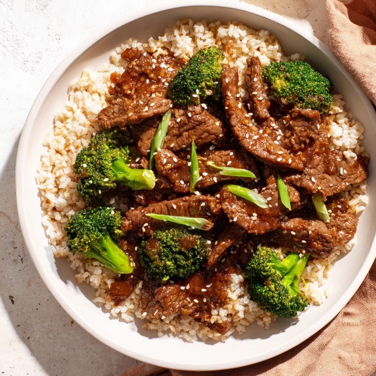A delicious bowl of Slow-Cooker Beef & Broccoli: you can smell the savory sauce with hearty beef and broccoli.