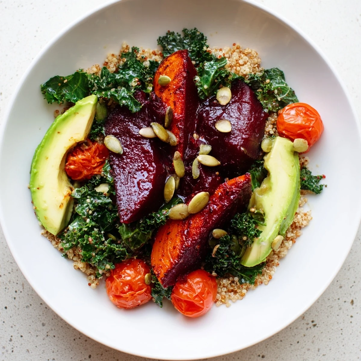 This fresh Quinoa, Kale & Roasted Beet Bowl features bright beets and tahini dressing drizzled over quinoa.