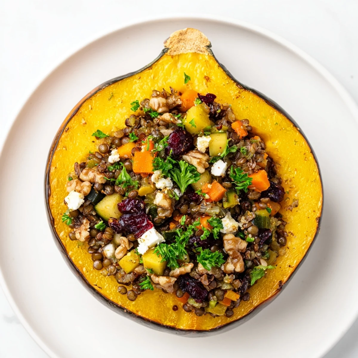 Golden acorn squash halves overflowing with flavorful lentil and walnut stuffing, ready to eat.