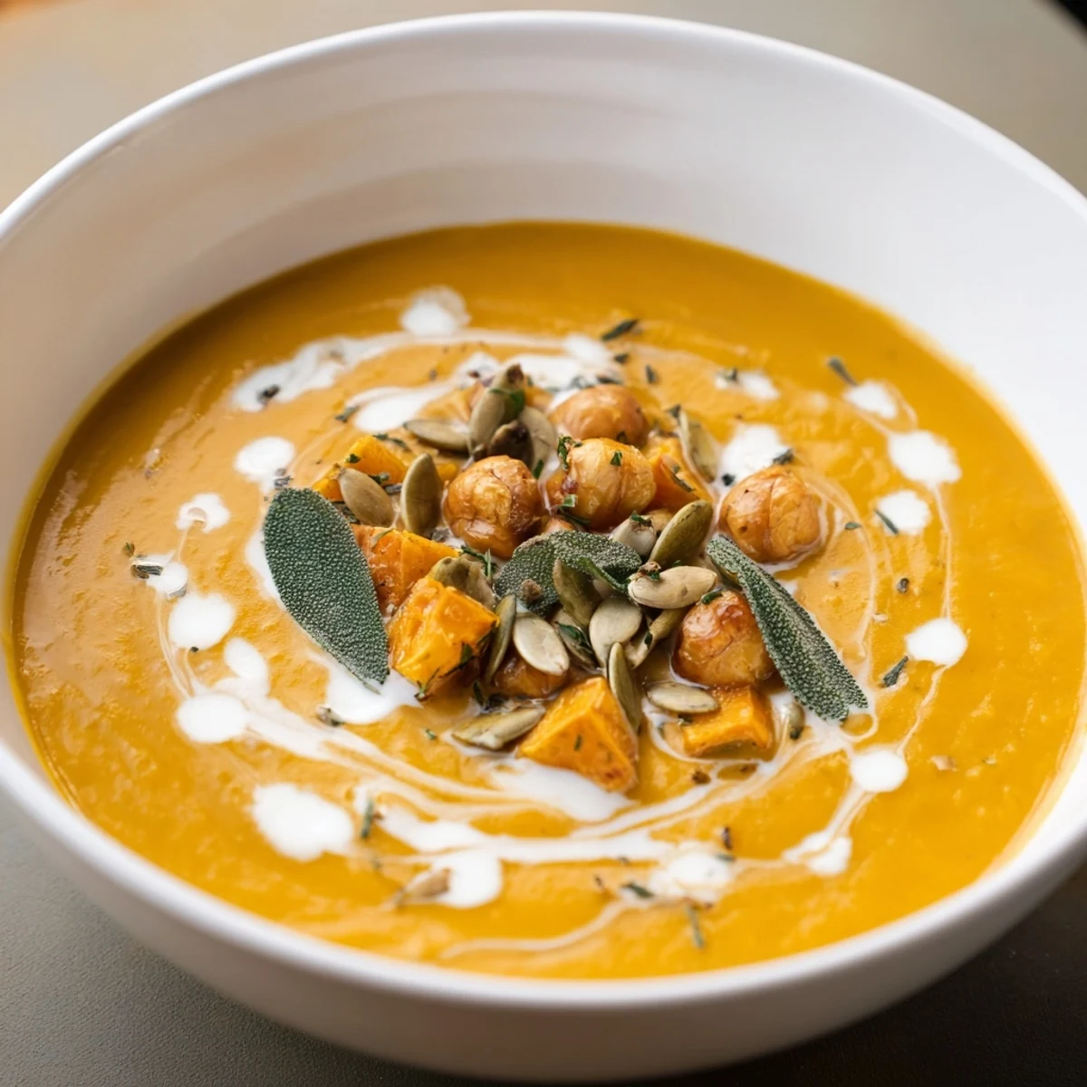 Creamy Chickpea, Pumpkin & Sage Soup, garnished with vibrant green sage leaves and toasted pumpkin seeds.