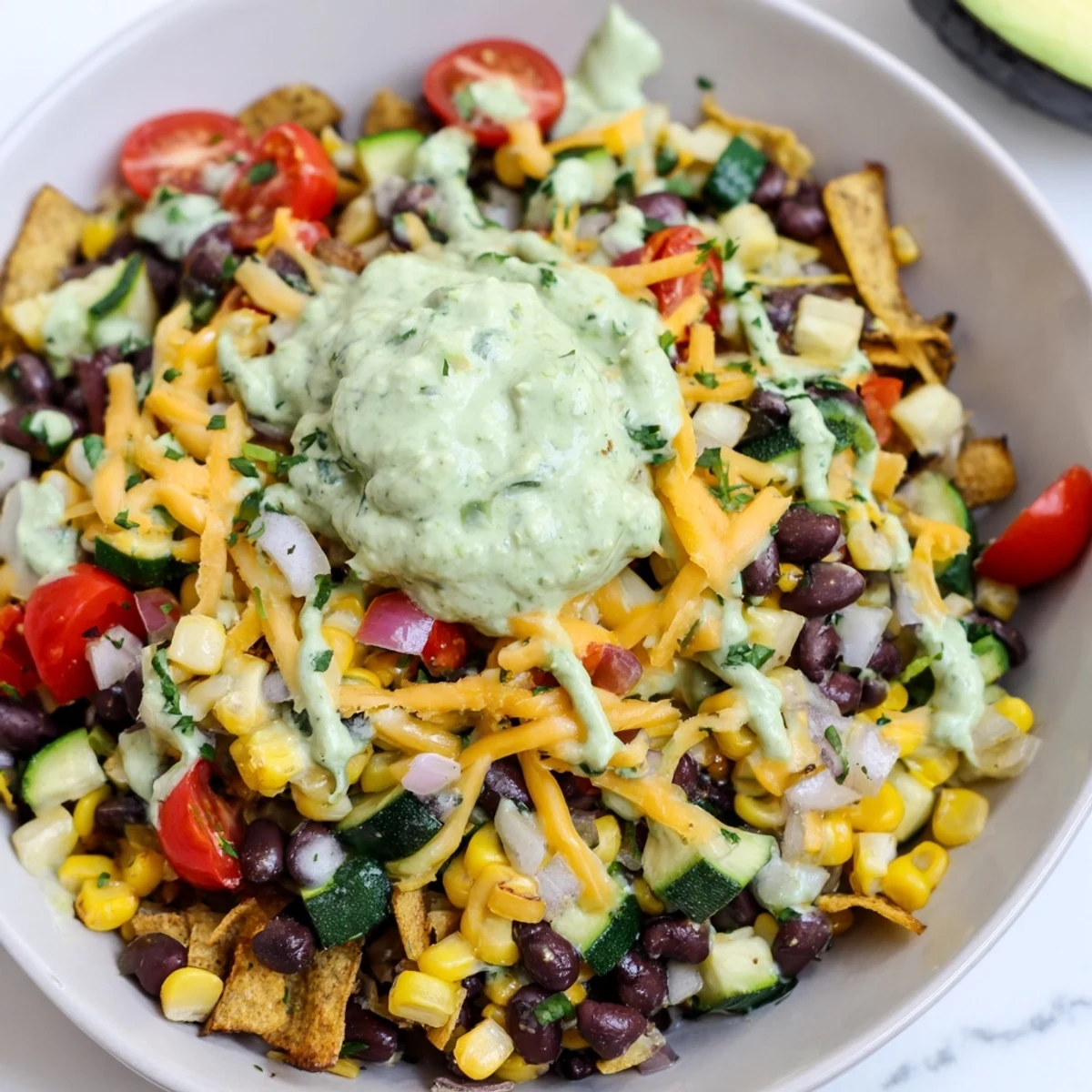 Steaming Veggie-Packed Taco Skillet with avocado yogurt: a colorful Tex-Mex feast with melting cheese and fresh cilantro.