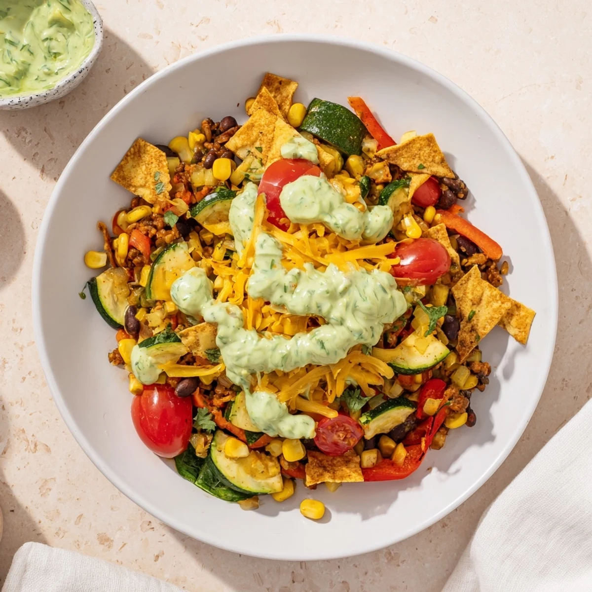 Bright, flavorful Veggie-Packed Taco Skillet with avocado yogurt, ready to spoon from the pan with creamy topping.