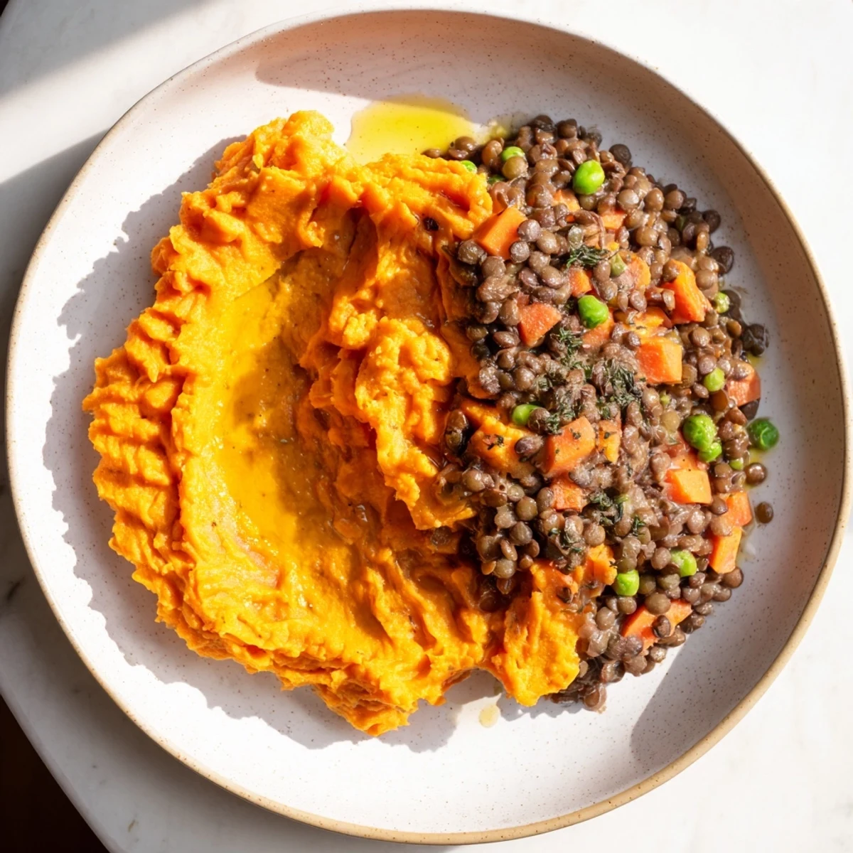 Spoonful of rich, warm Veggie Shepherd's Pie showing a creamy sweet potato topping with lentils.