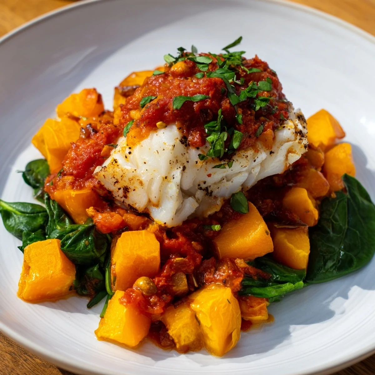 Golden baked cod with butternut squash and spinach, all smothered in rich tomato-herb sauce.