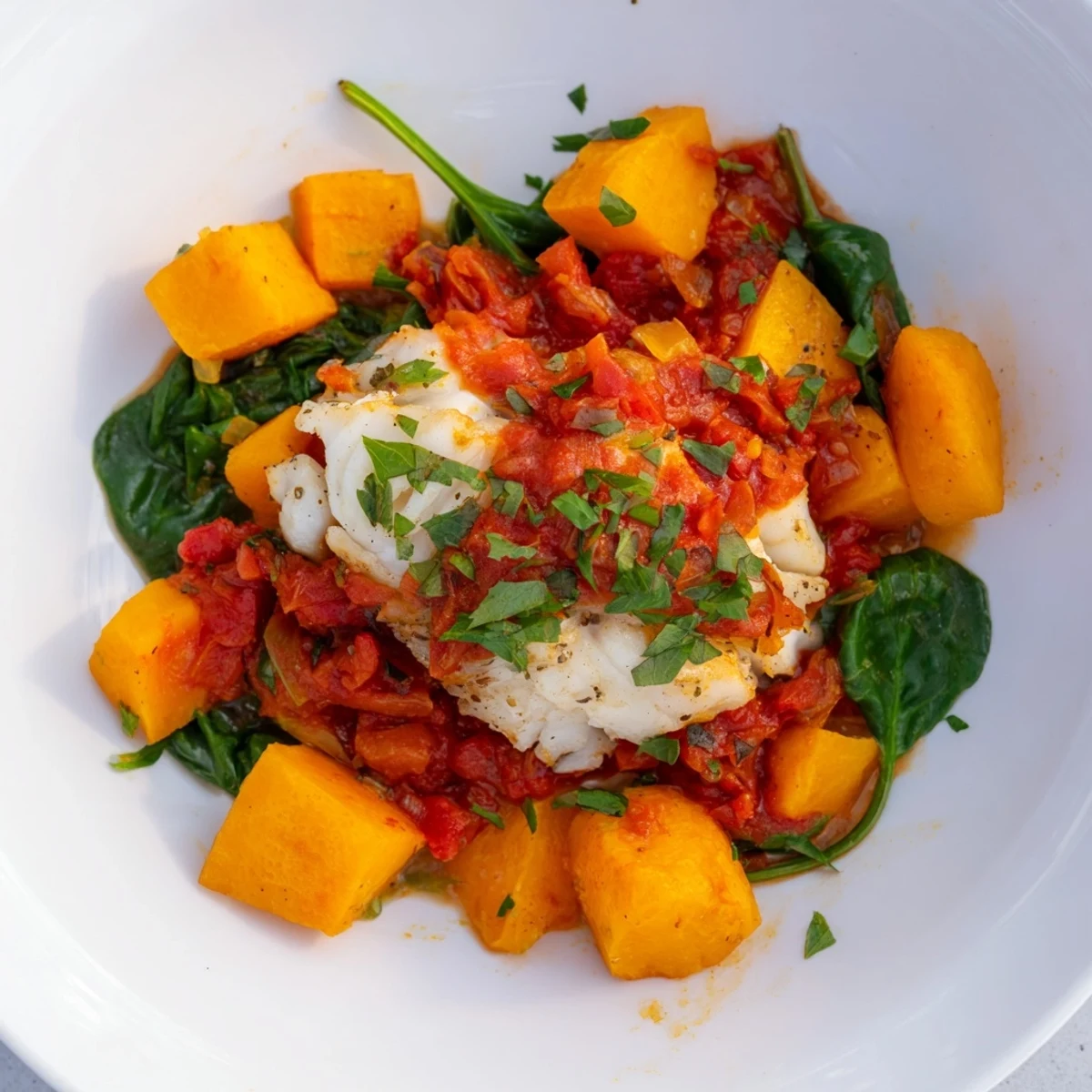 A beautiful oven-baked cod dish featuring roasted butternut squash and a flavorful, herbed tomato base.