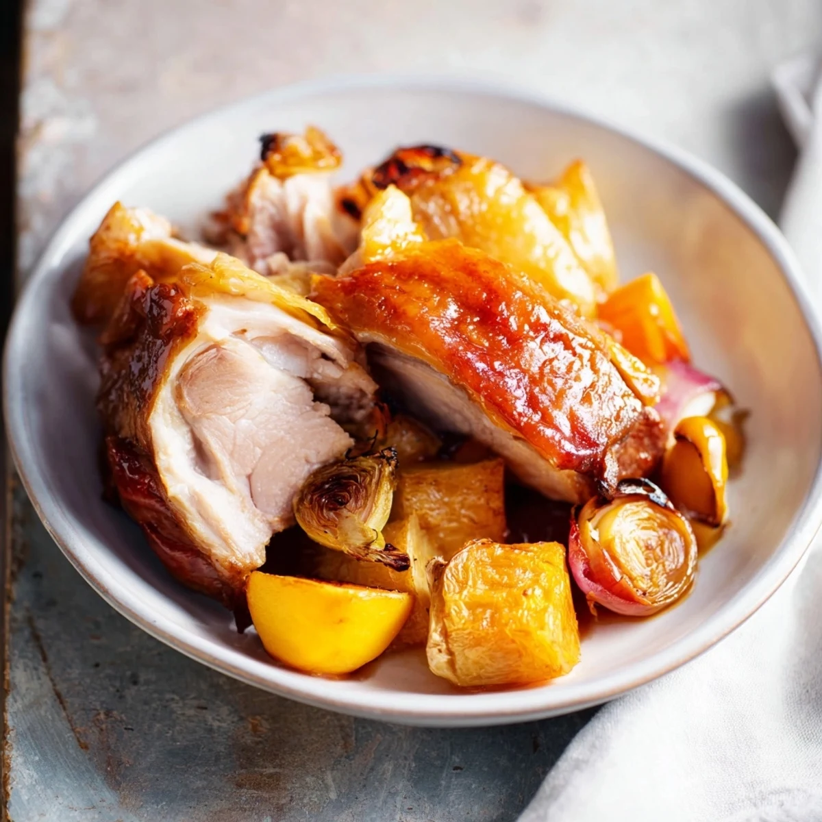 Sheet-pan roasted turkey breast with winter veggies, glazed and glistening after cooking.