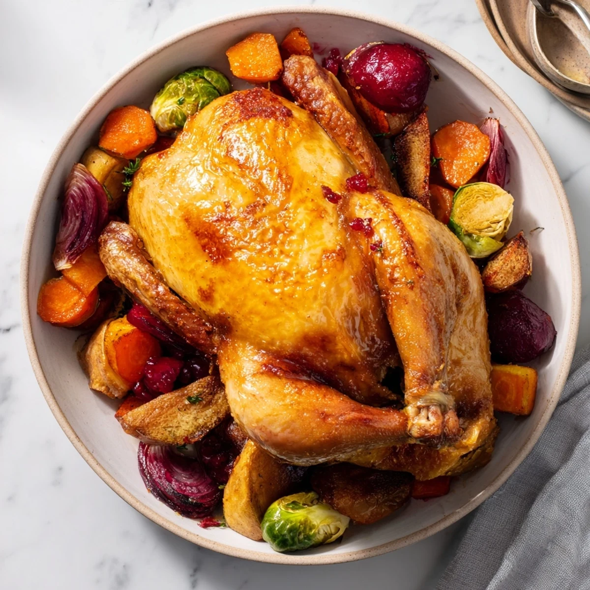 Savor the aroma of roasted sheet-pan turkey breast with winter vegetables and cranberry glaze.