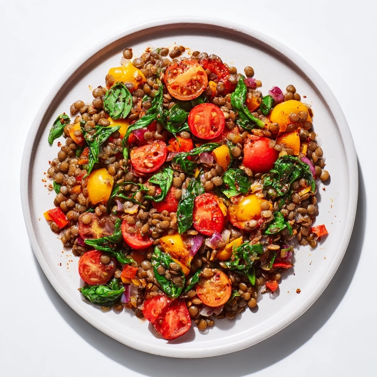 Savory Lentil-Tomato Skillet with Herbs, showcasing vibrant tomatoes and fresh basil atop fluffy lentils.