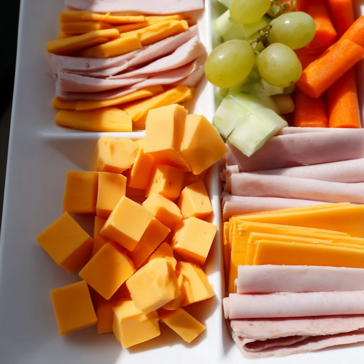 DIY Lunchables trays, overflowing with colorful meats, cheeses, crackers, and crisp veggies for a fun lunch.