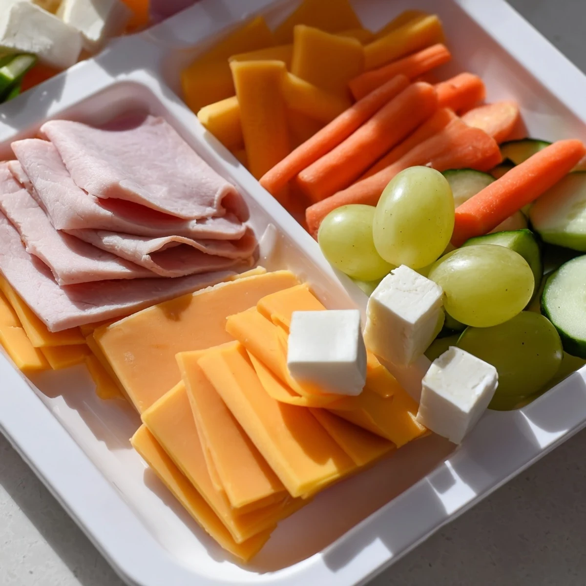 Ready-to-eat DIY Lunchables including turkey, cheddar, and grapes, perfect for a quick and pleasant snack.