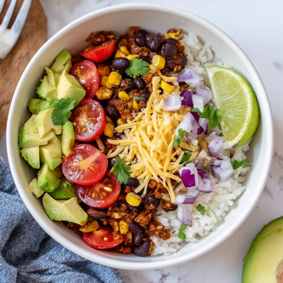 Colorful Rice, Bean, and Corn Burrito Bowls: a vibrant Tex-Mex meal with fresh toppings.
