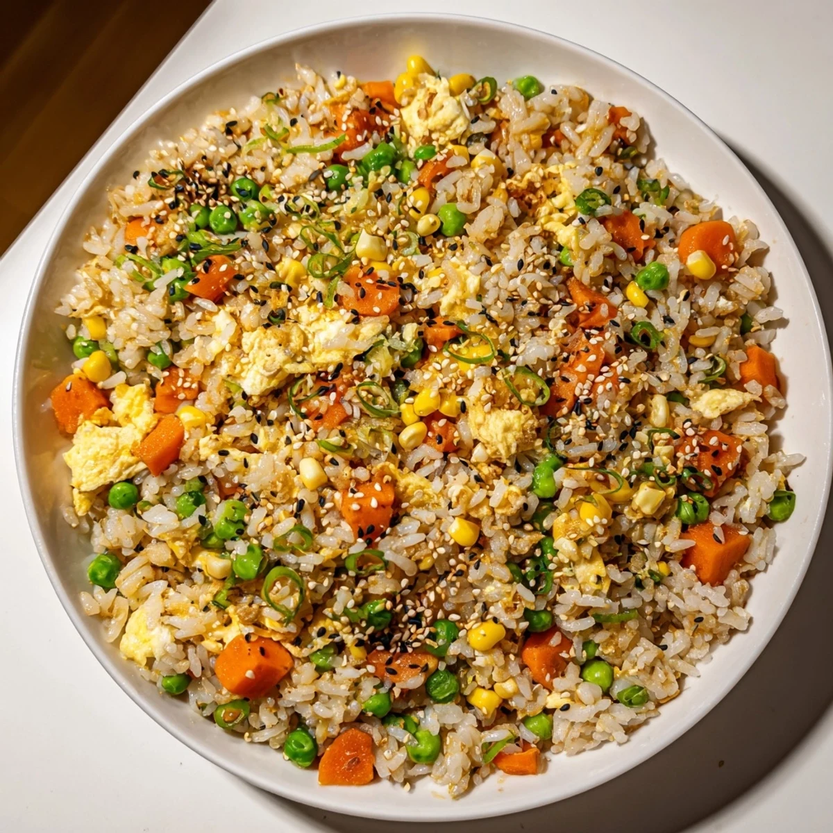 Steaming bowl of delicious frozen veggie fried rice with fluffy eggs and flavorful soy sauce.